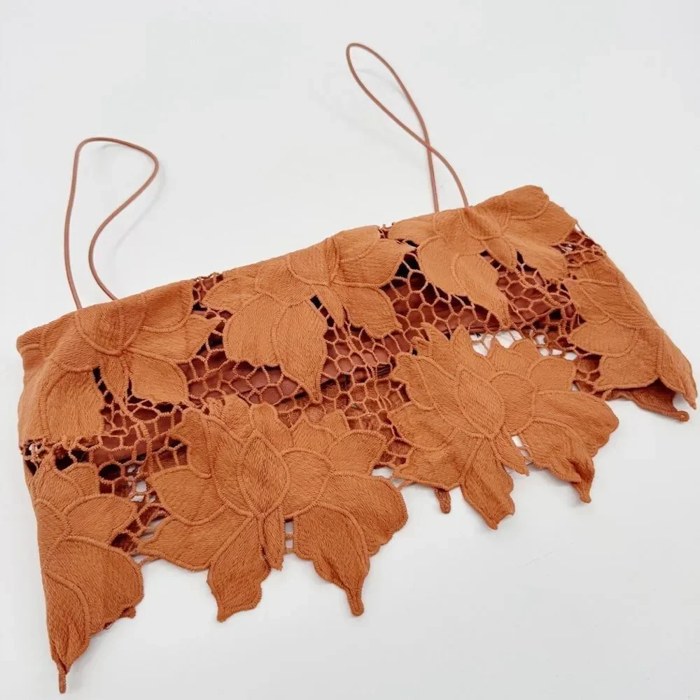 Rumer Tropez Orange Floral Lace Crochet Crop‎ Top Med NWT